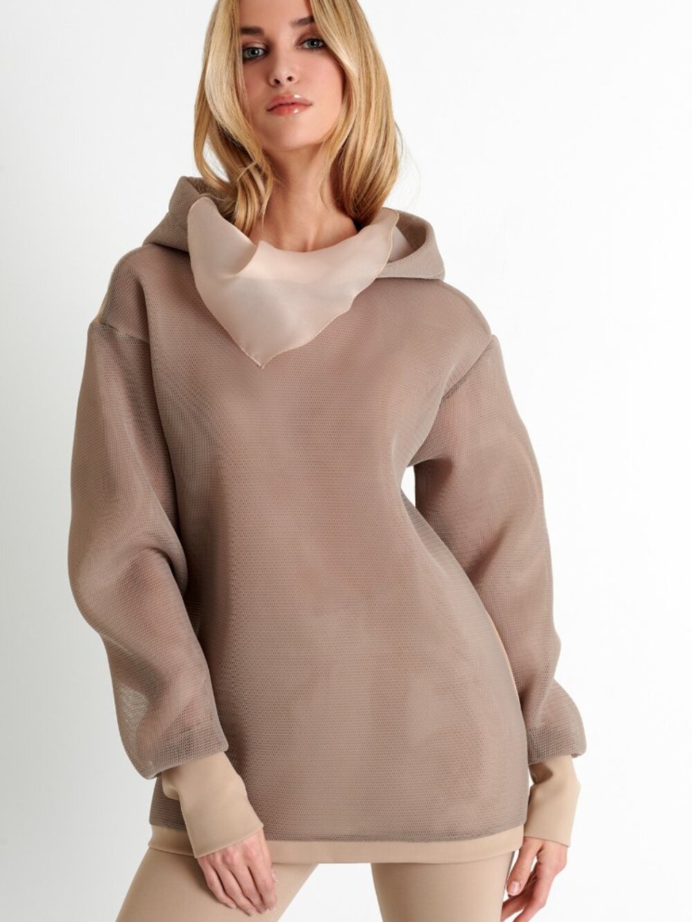 SHAN Sofia Taupe Tan Mesh Front Hooded Sweatshirt Size 6